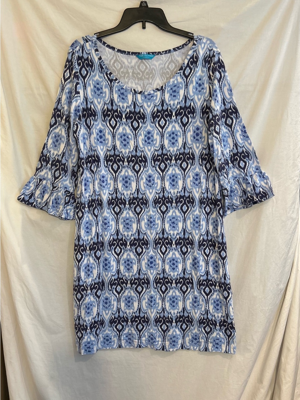 Tori Richard Honolulu Womens XL Blue Turtle Print Modal 3/4 Shift Dress Tropical